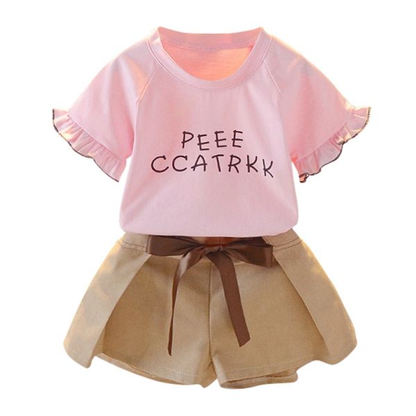 

new children girls casual summer letter print short sleeve t-shirt+shorts suits 2pcs costume set, White