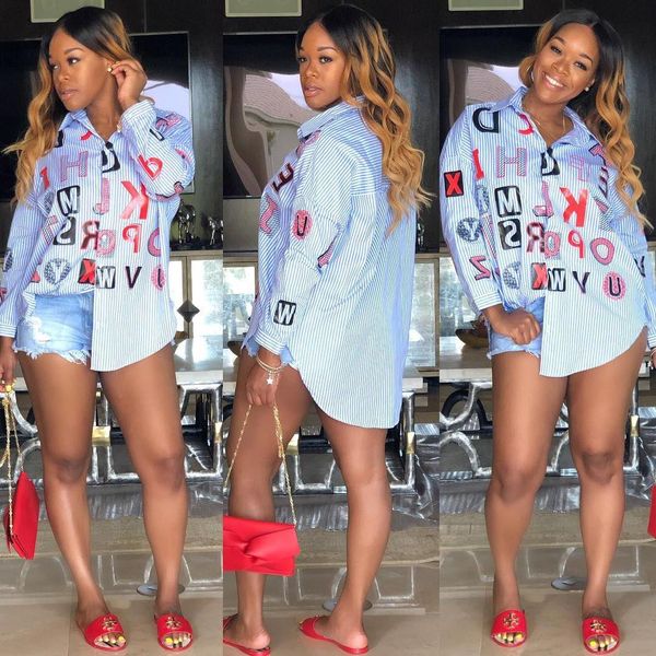 

spring summer luxury designer casual print letter stripe blouse new autumn fashion shirts lapel neck long sleeved, White