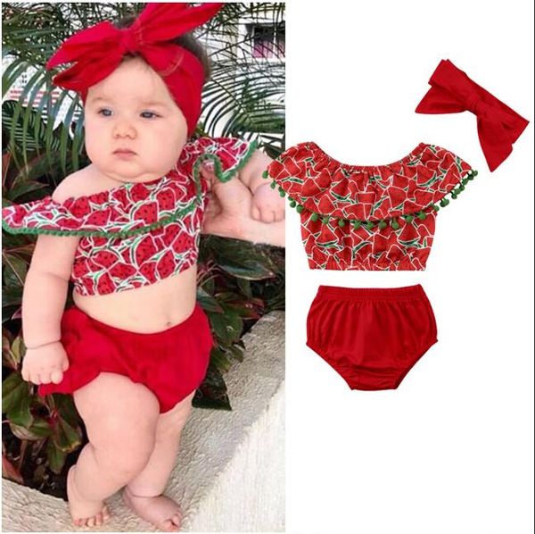 

newborn baby girls clothes off shoulder ruffle tassels watermelon print sleeveless solid shorts 3pcs kids cotton outfits, White
