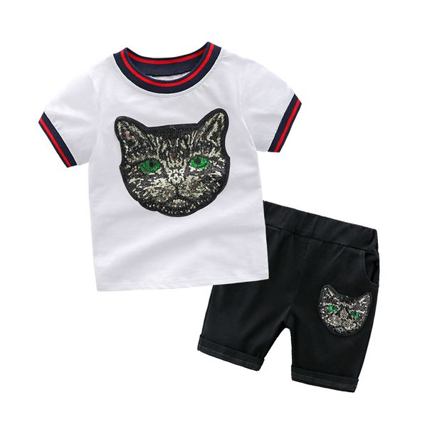 

children's clothing sets boys cotton brand short sleeve sequins cat pattern t shirt + pants kids casual suits baby boy clothes, White