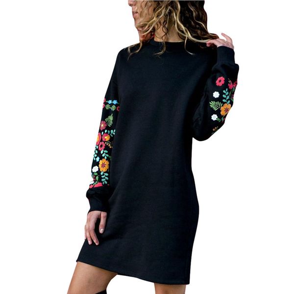

calofe 2019 women winter dresses mini dress elegant floral print long sleeve o-neck loose warm dress black streeetwear vestido, Black;gray