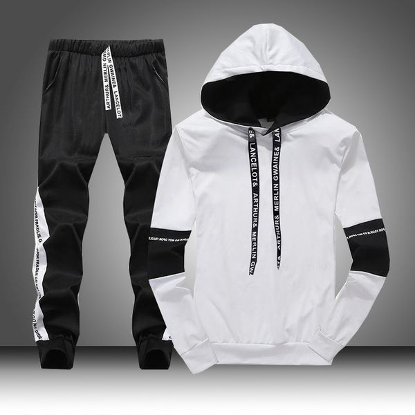 

white black men hoodies set fashion 2020 autumn brand casual tracksuit mens set sports two piece patchwork hoodie pant male suit, Gray