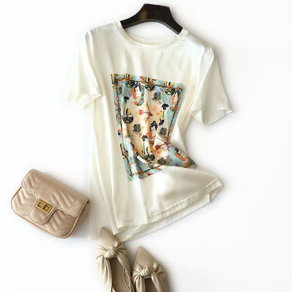 

texture w sheng light luxury ~ guest 20  crepe de chine t-shirt silk stitching cotton interesting pattern short-sleeved t-shirt female, White