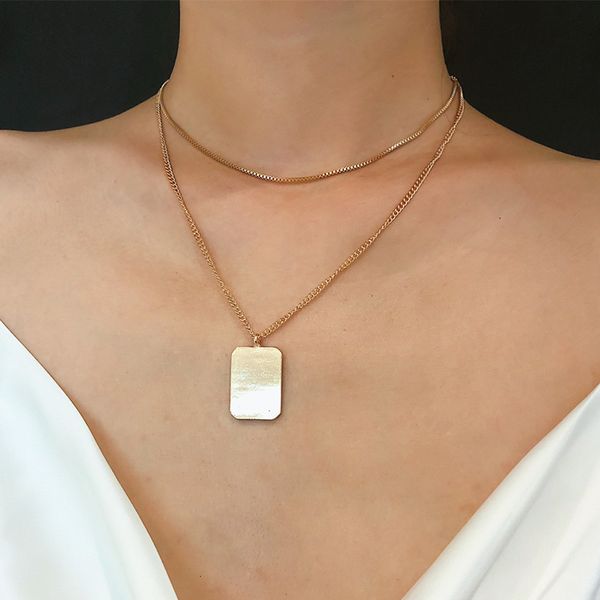 

diezi simple multilayers square pendant necklace for women gift fashion vintage gold chain statement choker necklace jewelry, Silver