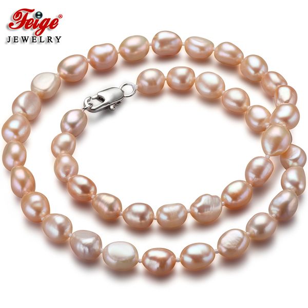 

classic natural pink baroque pearl necklace for women anniversary gift 7-8mm freshwater pearl jewellery handmade wholesale feige, Silver
