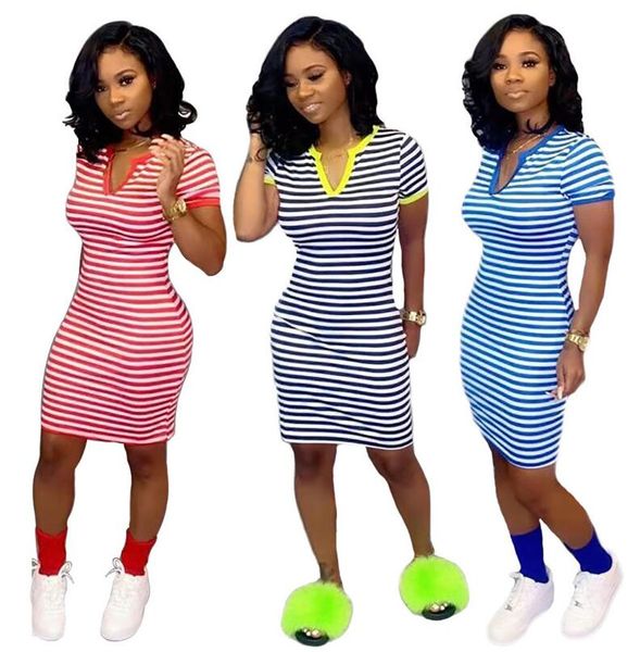 

women one piece dress striped t-shirt dresses designer bodycon skirt short sleeve tshirt skinny dress v-neck clothing party wear cz706, White