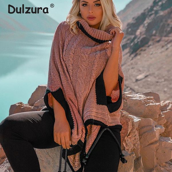 

fashion pink knitted turtleneck cloak sweaters women autumn popular tassel shawl lady casual loose sweaters&pullovers 2019, Black
