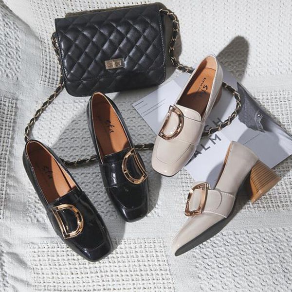 

women dress pu leather round toe pumps shoes,breathable shallow mouth metal decoration design med heels pumps shoes non-slip, Black