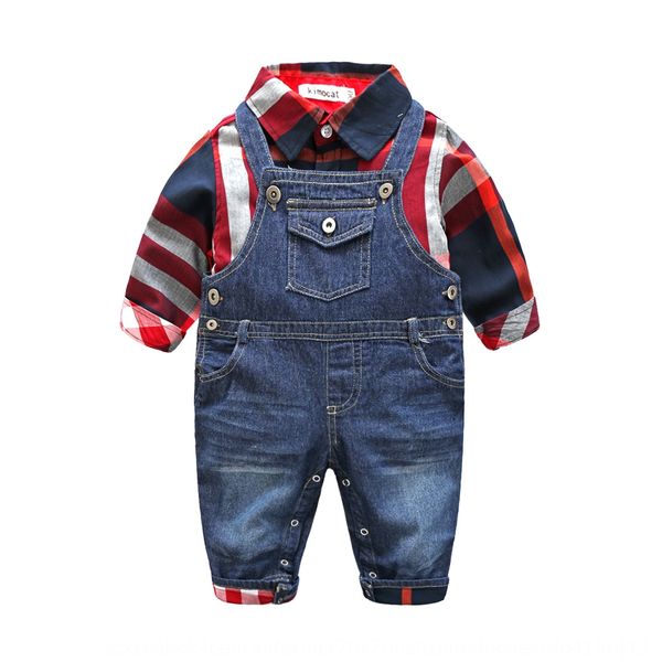 

autumn long-sleeved boys' plaid shirt + denim jeans children's wear pant suit children's pants suit