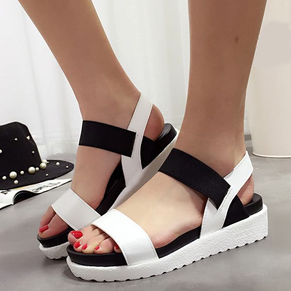 

women sandals slip on elastic band peep toe female summer shoes platform flat roman sandals ladies comfortable footwear f026, Black