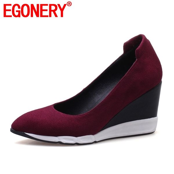 

egonery women new heels shoes pointed toe super high wedges platform shallow spring concise casual wine red and black lady shoes