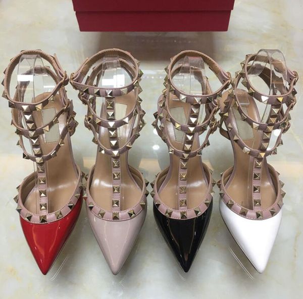 

fashion designer new lady rivet heels, pointed leather banquet dress heels + box, size 35-43, Black