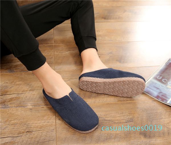 

men linen casual slippers breathable men's loafers indoor male half flats canvas shoes breathable plimsolls sandals summer new c19, Black