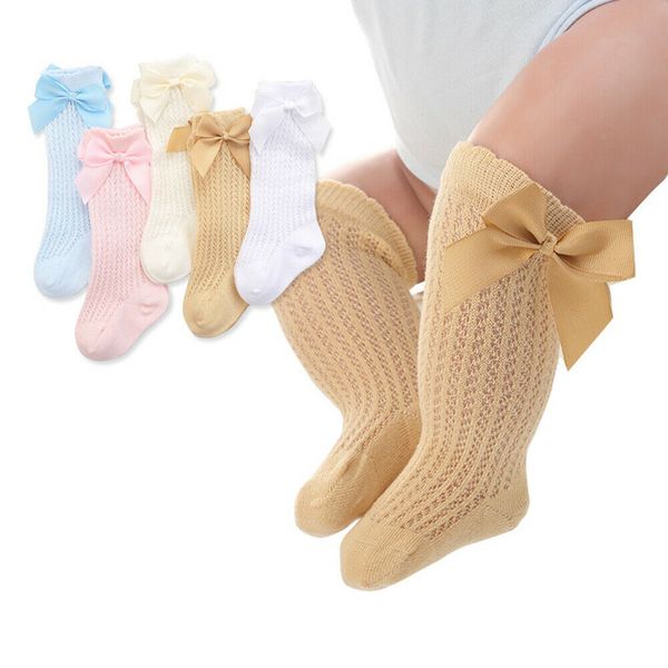 

2019 1pairs cute baby infants kids toddlers girls boys knee high socks tights leg summer ribbon bow knitted breathable cute, Pink;yellow