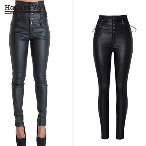 

hcyo women stretch jeans high waist straps coated pu leather pants jeans skinny faux pu leather pant elastic moto pencil pants, Blue