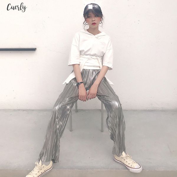 

loose bronzing fashion silver pants women high waist pleated trousers female harajuku stretch summer wide leg pants clothes, Black;white