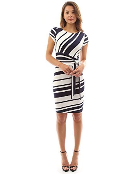 

pattyboutik women's striped crewneck cap sleeve dress, Black;gray