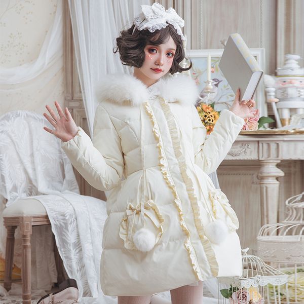 

sweet women's lolita winter parka raccoon fur hooded warm long coat, Black