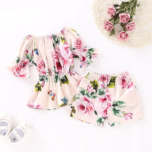 

girls clothes toddler baby girls off shoulder flare sleeve floral print +shorts outfits children clothes roupa infantil, White