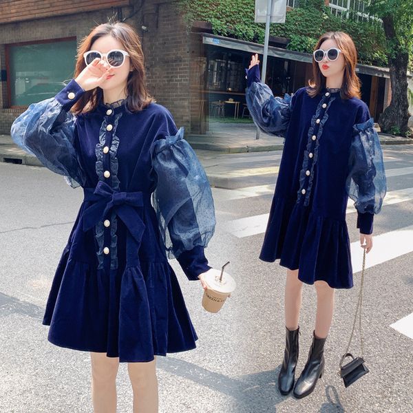 

blue pregnant women dress spring autumn corduroy long sleeve loose cotton breastfeed pregnant women clothings, White