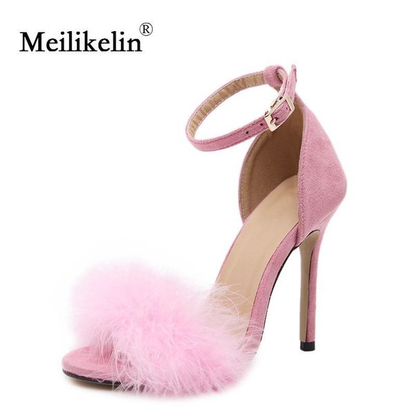 

2019 women summer shoes fluffy peep toe stilettos high heels shoe woman fur feather lady wedding sandals pink nude large size 43 y200405, Black
