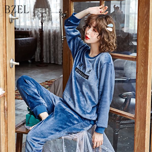 

bzel round neck winter women's pajamas thick flannel pajamas suit long sleeve + pants suit blue flano sleepwear -2xl, Blue;gray