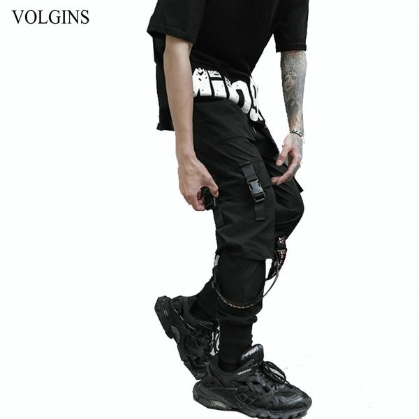 

men's pants streetwear mens multi pocket cargo male solid 2021 ribbons joggers hip hop men long trousers black