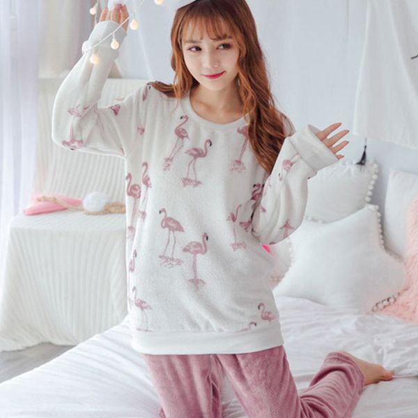 

cute women pajamas set autumn winter thick flannel flamingo homewear sleepwear kawayi cartoon trousers home clothes suit nightie, Blue;gray
