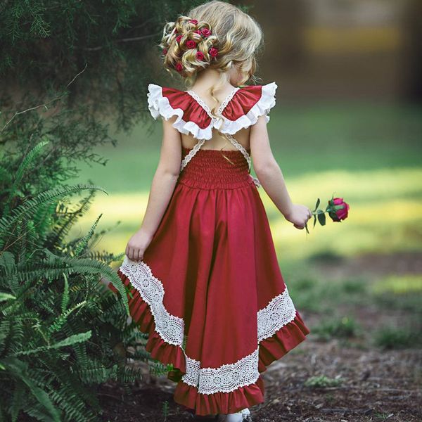 

girl wine red lace dress swallow tail skrt baby backless skirt baby lace ball party lolita style aristocratic lady skirt fashion