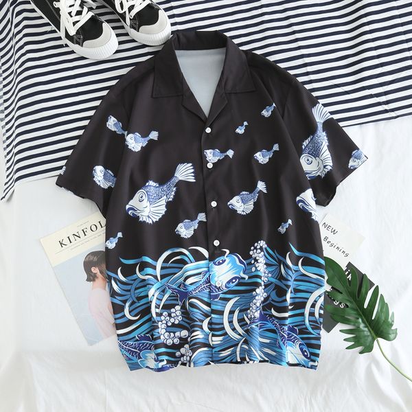 

men japanese ukiyo carp fish printed shirts summer casual hawaiian aloha party holiday shirts male hip hop streetwear, White;black