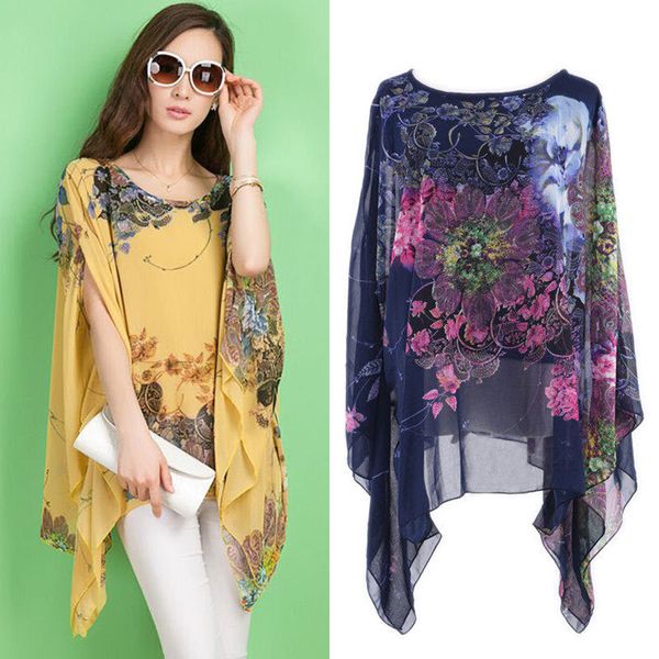 

women summer batwing sleeve loose chiffon floral prin blouse, White