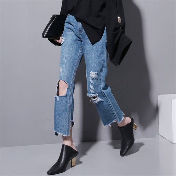 

to gladself] women 2017 autumn fashion casual trousers denim pants ripped streetwear hipster irregular cut fringe jeans, Blue