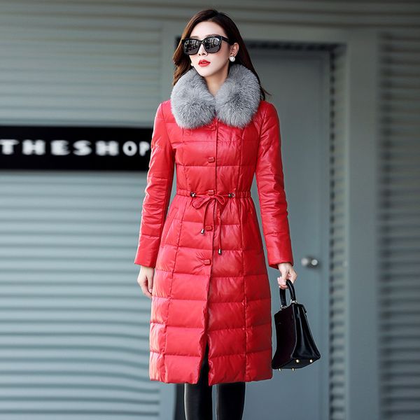 

fur collar leather down cotton coat women's clothing winter long sheepskin lapel belt large size fur coatparker coat a697, Black