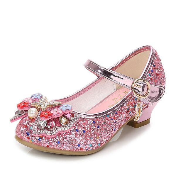 

Kids Princess Shoes For Girls Party High Heel Sandals Fashion Flower Children Glitter Leather Shoes Butterfly Knot Dress Wedding
