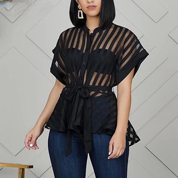 

women summer see through striped peplum mesh shirt blouse elegant streetwear classy party clubwear, White