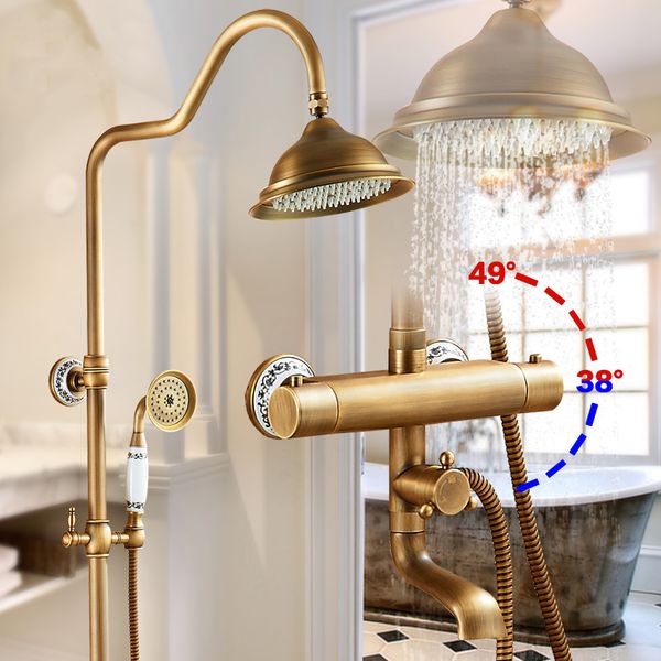 

Antique Brass Shower Faucets Wall Mounted Thermostatic Shower Mixer Tap Dual Handle With Slide Bar Shower For Bathroom