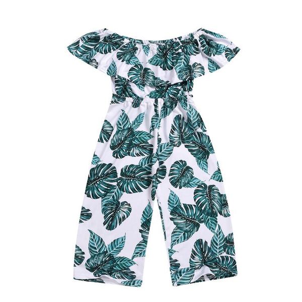 

wholesale spring autumn new kids designer clothes girls shoulder leaf print jumpsuits lotus leaf shoulder baby girl designer clothes by1007, Blue