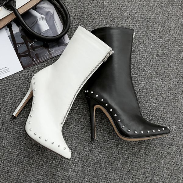 

women fashion skinny ankle boots with rivets zip up stiletto high heels leather pointy toe ankle booties a135, Black