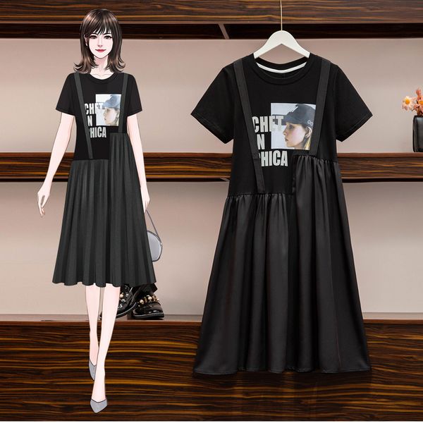 

2020 sunmer vintage dress large plus size girl print t shirt dress sport fashion casual loose clothes women black big a, Black;gray