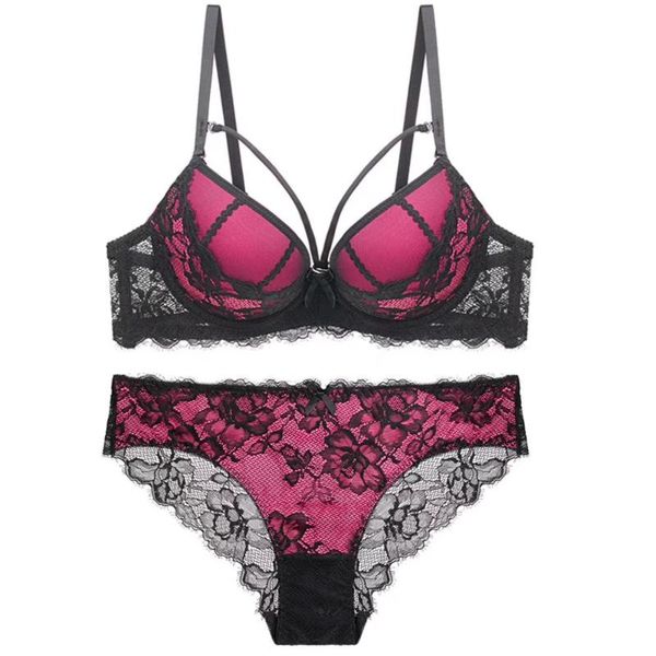 

bras sets lace lingerie set deep v gather comfortable underwear bra thin, Red;black