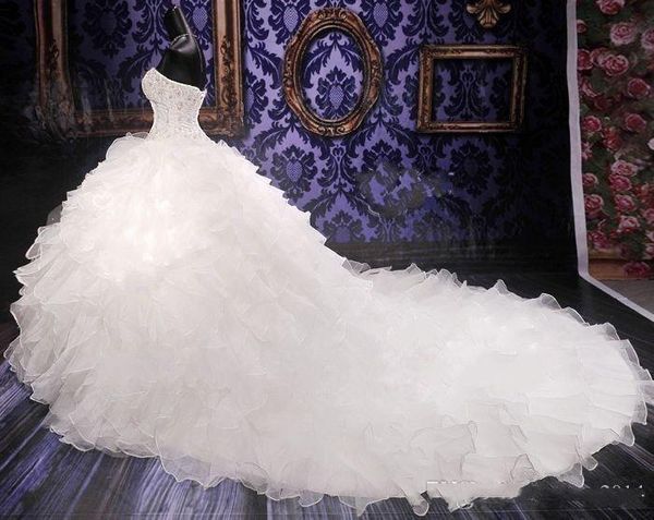 2019 Luxus Perlen Kristall Braut Hochzeit Ballkleider Schatz Korsett Organza Rüschen Kathedrale Prinzessin Kleid Brautkleider Fre2700