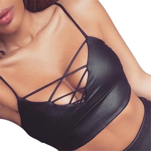 

wholesale- 2016 summer style women blusas sleeveless leather halter v collar lady tank bustier bra vest crop black1, White