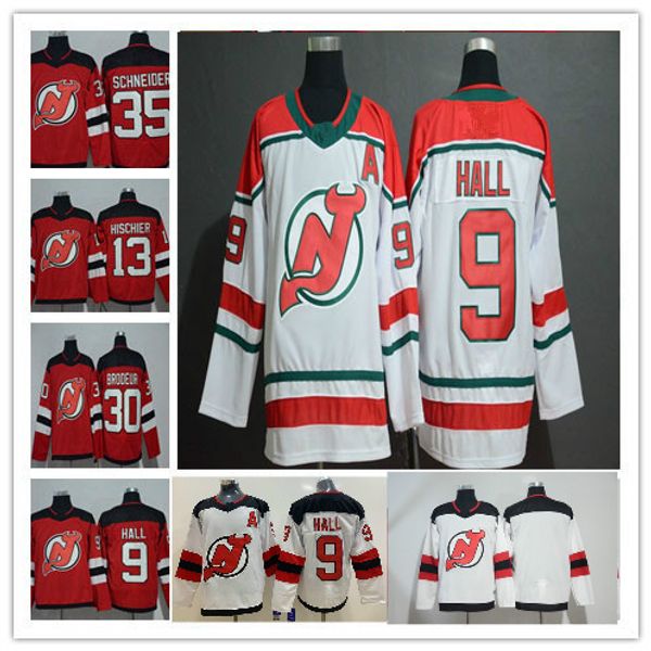 

9 taylor hall 2019 new jersey devils ice hockey 30 martin brodeur 35 cory schneider andy greene nico hischier red white hockey jersey, Black;red