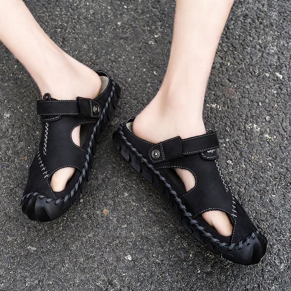

sandals men 2019 summer new men's beach shoes men's leather casual sandals, Black