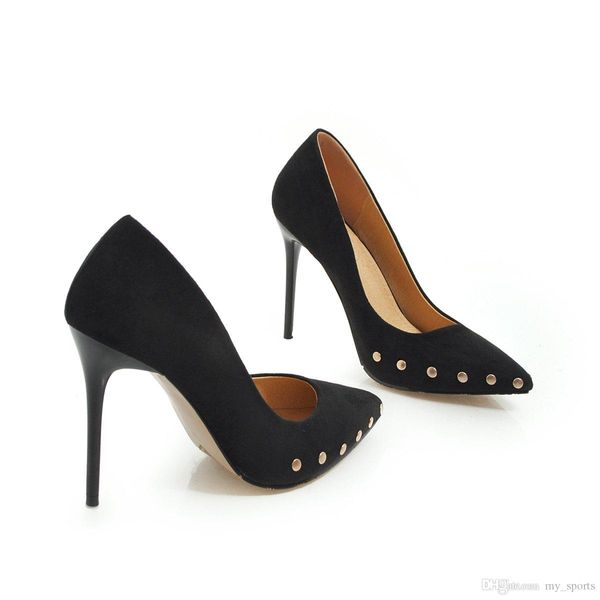 

wholesale stiletto heel suede round rivets pointed toe women pumps 105mm fashion high heels shoes for women office dress shoes, Black