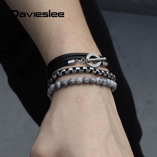 

3pcs/set layered bracelet for men women natural stones beaded stainless steel box link chain man-made leather bracelet ltbx010, Black