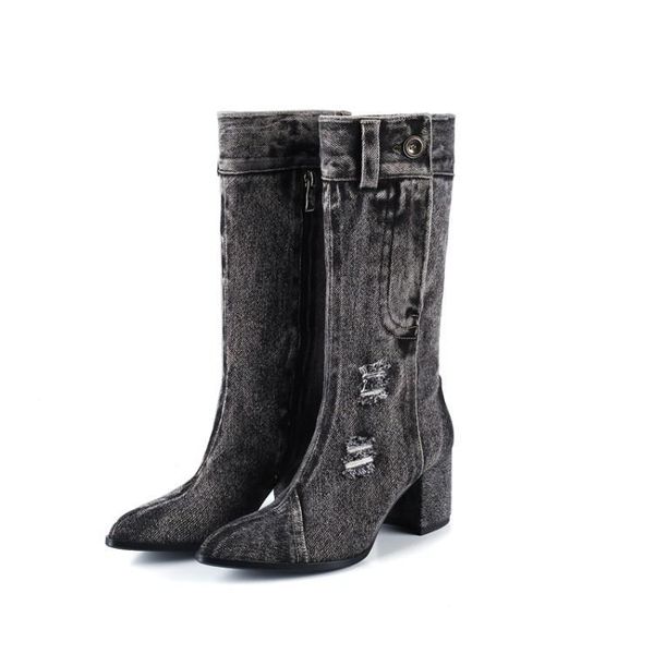 

winter boots women black denim pants botas mujer pointed toe chunky heels chic sewing button shoes woman fashion ladies booties