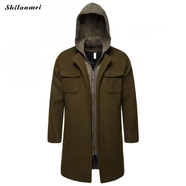 

long sleeve winter coat men hooded overcoat army green autumn men's coat mandarin collar men casual long jacket abrigo hombre, Black