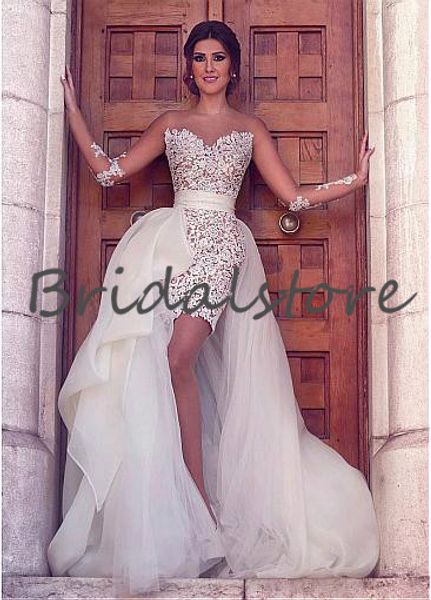 

стильные свадебные платья из саудовской аравии с отстегивающимися верхними юбками иллюзорные рукава кружевное деревенское богемное свадебное, White