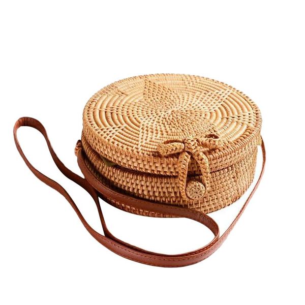 

new women round rattan straw sling shoulder bag star pattern bow buckle hand woven messenger bags crossbody bag for travel beach